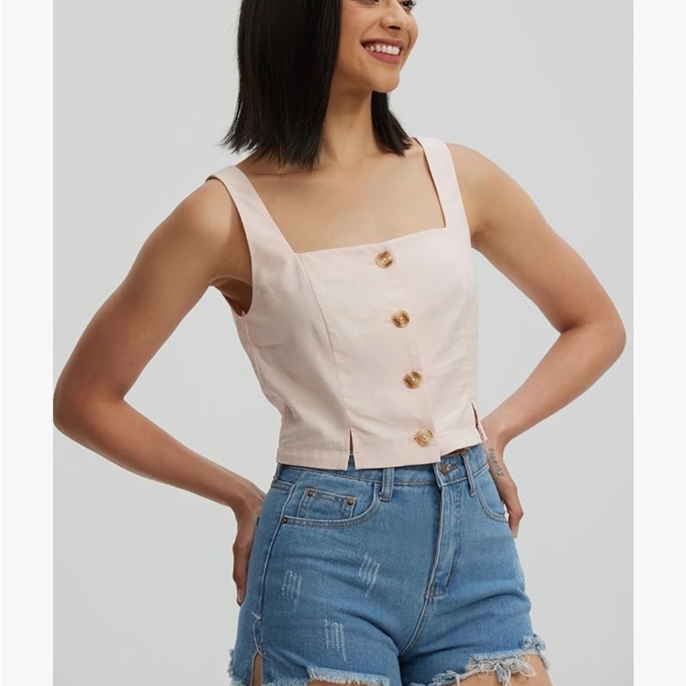 Cotton Linen Square Neck Crop Tank Top Summer
Sleeveless Button Vest new